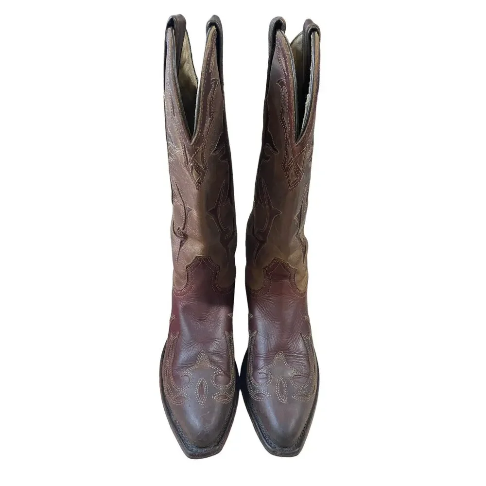 Boulet Western Cowgirl Boots 2 Tone Brown Leather Pull On Almond Toe US Size 7
